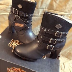 Harley-Davidson Black Studded Triple-Buckle Ankle Boots
